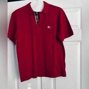 Burberry Brit Men's Red Pique Short Sleeve Polo Shirt Check Lined Placket, XL